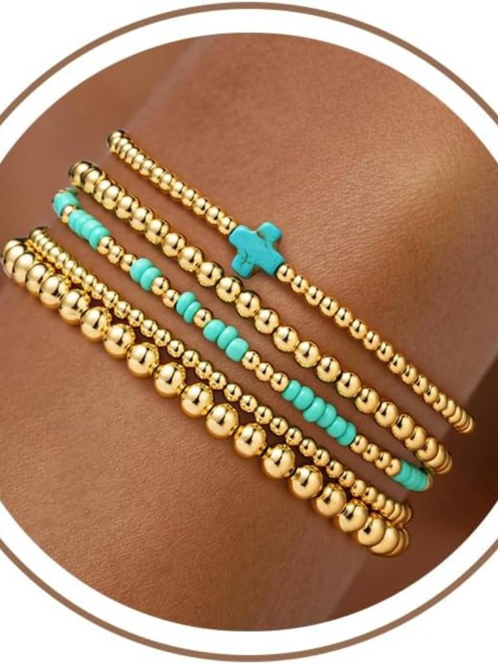 Turquoise Cross Stretch Bracelets Set - 5PCS 14K Gold Plated for Women & Teens